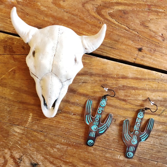Copper and Turquoise Metal Cactus Earrings - Picture 1 of 2